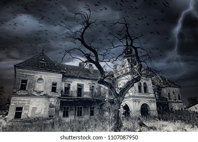 An Old, Abandoned And Creepy Castle, Flock Of Birds, Creepy Tree, Lightning