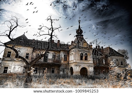 An old, abandoned and creepy castle, flock of birds, creepy tree