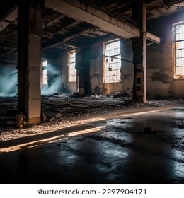 Old abandoned factory  Destroyed building  Volumetric light passing through the windows 