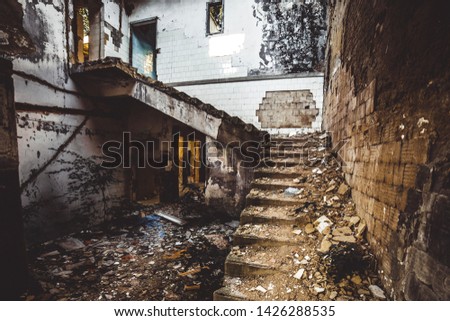 old abandoned factory, wild floral inside the building, damaged stairs