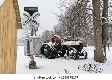 Old, Abandoned Farm Equipment In A Beautiful Winter Setting In Coldwater, Ontario.