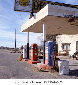 Old abandoned gas station in ghost town along the route 66