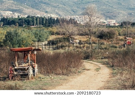 Old abandoned horse carriages left on the side of the country road. Surrealistic landscape. Concept of time, memory, history