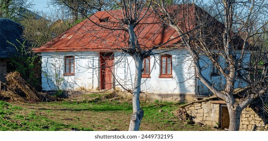 Old abandoned house with tin roof in countryside. Wooden windows and doors. Overgrown yard. - Powered by Shutterstock