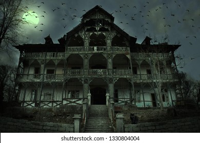 Old Abandoned Mansion In Mystic Spooky Forest. Ancient Haunted House With Dark Horror Atmosphere