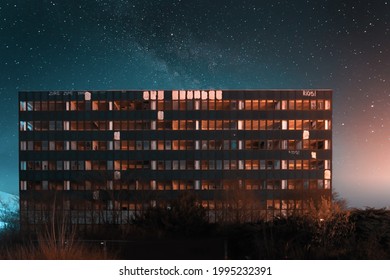 An Old Abandoned Office Building At Night