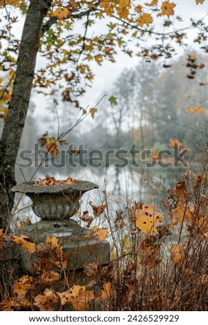 old abandoned park in autumn and concrete flower vase on the street