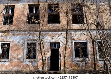 old abandoned premises, ruin. empty territories, abandoned houses. concept of war, Chernobyl disaster, apocalypse. brick buildings. sad view, heavy atmosphere. desolation and destruction House