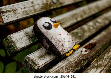 old abandoned toy, forgotten friend, getting wet in the rain, soft penguin, park bench, loneliness
