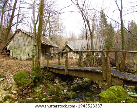 Old abandoned traditional house on a meadow in Gorenjska, Slovenia with stream wooden bridge crossing a stream and a collapsing wooden shack in front
