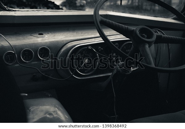 Old abandoned\
truck dashboard black and\
white