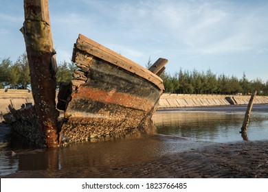 Old Abandoned Wreck Ship Unused Small Boat At Sea Coast