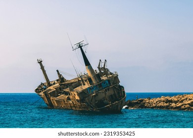 Old abondoned ship wreck of the coast of West Cyprus - Shutterstock ID 2319353425