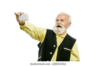 Old Active Bearded Man Taking Selfie With Mobile Phone Isolated On White Background