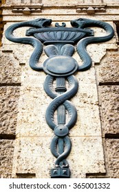 Old Aesculapian Staff - Caduceus At A Historic Building