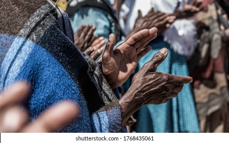 An Old African Lady Wearing The Famous Botswana Traditional Blanket Singing And Clapping Hands Alongside Others During A Traditional Wedding In Botswana