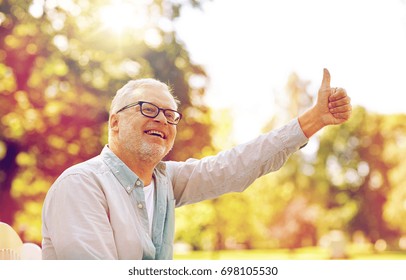 old age, gesture and people concept - happy senior man in glasses sitting at summer park and showing thumbs up