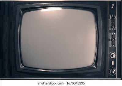 Old,  Aged  Television Isolated  On Gray Wall Background, Retro Vintage Tv Style. Empty White Screen. 