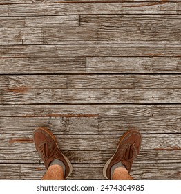 old aged used brown natural leather shoes on wooden planked floor from above. man in dark sneakers standing on wood flooring, top view. empty copy Space for inscription text.  - Powered by Shutterstock