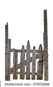 Old Aged Weathered Rural Ruined Grey Wooden Gate, Isolated Gray Wood Garden Fence Entrance Gateway, Large Detailed Vertical Closeup