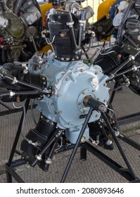 Old Aircraft Engine With Wood Propeller, Vintage Plane Close Up