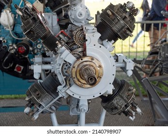 Old Aircraft Engine With Wood Propeller, Vintage Plane Close Up