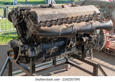 Old Aircraft Engine With Wood Propeller, Vintage Plane Close Up