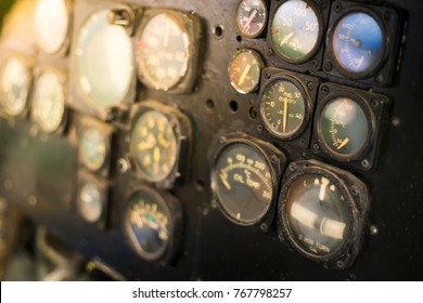 Old aircraft panel with analog guages. 