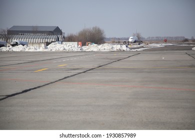 Old Airfield. Old Concrete On The Airport Runway. Old Concrete On Takeoff.