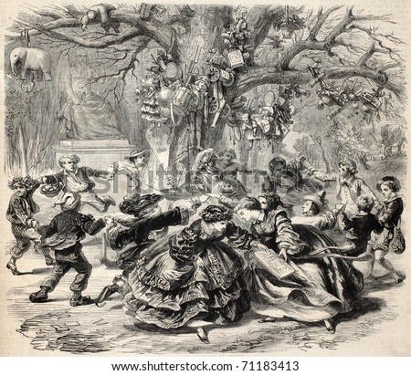 Old allegoric illustration of ring-a-ring o' roses. Original, from drawing of Marc, was published on L'Illustration Journal Universel, Paris, 1860