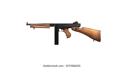 Old American machine gun. Vintage automatic weapon. Armament of the mafia and the army of the Second World War. isolate on a white background.