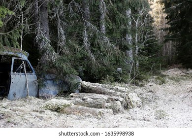 Old American Made Car Forgotten Into Forest In Southern Finland. 