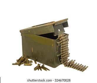 Old ammunition box with ammunition on the white background isolated.