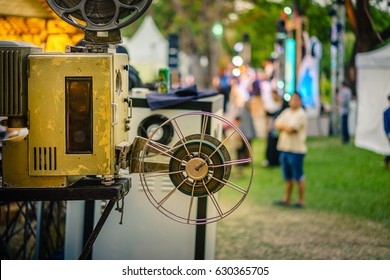 The Old Analog Rotary Film Movie Projector At Outdoor Cinema Movies Theater For Show People In The Park.