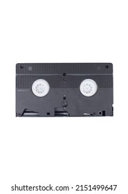 Old Analog Tape VHS Cassette. Vintage Gone Down In History. Black Videotape. Retro Technology Of Recording Video On Tape. Isolated On White Background, Top View.