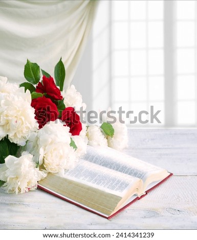 Old ancient jewish wed love prayer desk text space. Holy age pray god Jesus Christ gospel diary art lush fresh red flora bloom bud plant petal indoor house room interior wall view still life symbol