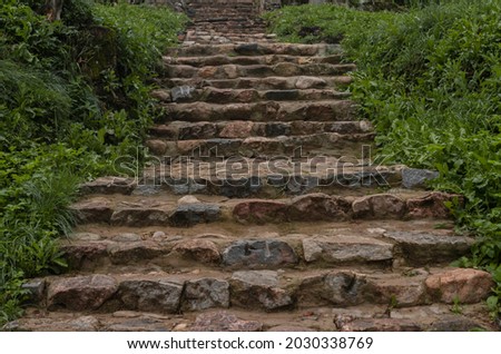 Old ancient stone stairs in nature. Steps among green grass, plants outdoors. Way and path up to temple.