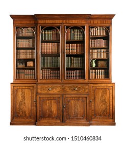 old antique bookcase English mahogany with books isolated on white