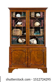 old antique bookcase English mahogany with books isolated on white