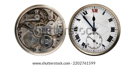 An old antique clock with roman numerals on the dial and closkwork isolated on white