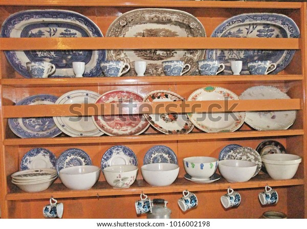 Old Antique Kitchen Dresser Cups Plates Royalty Free Stock Image