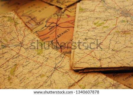 Old antique map of France, Paris, Nantes, Bordeaux, La Rochelle, Orléans, Rouen, Le Havre, Pyrénées 