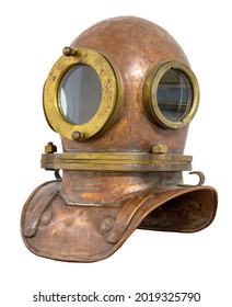 Old Antique Metal Scuba Helmet With Clipping Path Isolated On White Background. Copper Old Vintage Deeps Sea Diving Suit