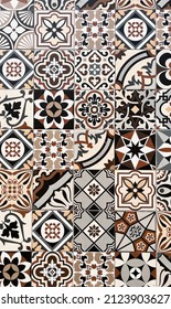 Old antique square Nyonya pattern tiles floor texture background, local pattern on the walls of Penang houses Malaysia.  top view