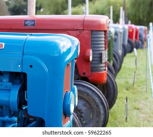 Old Antique Tractors In Lineup At Agricultural Show