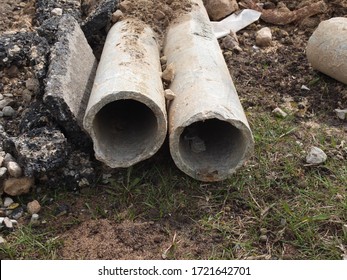 Old Asbestos Cement Pipes On The Construction Site. 