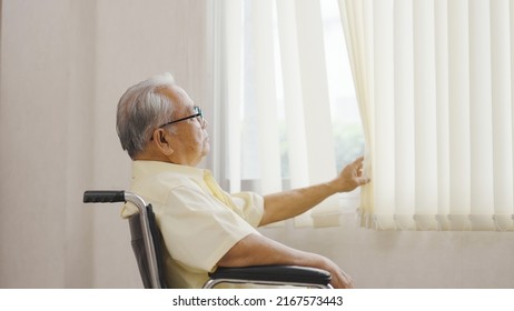 Old Asian Man Sits In A Wheelchair And Looks Out The Window. Health Care And Insurance, Retirement Concept