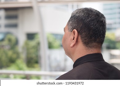 Old Asian Senior Man Back Head With Grey Hair; Back, Rear Side Head Portrait Of Unhappy, Aging, Old Asian Senior Man With Gray Hair, White Hair Or Hair Loss Problem; Asian Old Senior Man Model