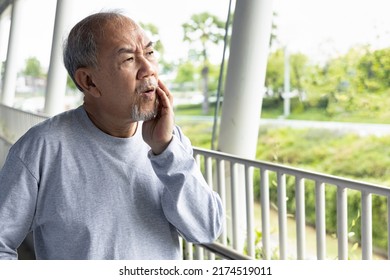 Old Asian Senior Man Suffering From Toothache, Tooth Decay, Tooth Sensitivity, Teeth Grinding Problem; Oral Health Care Concept