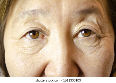 Old Asian Woman With Brown Eyes. Eyes With Wrinkles